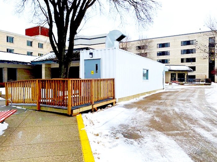 Co-visitation shelter at Fairview Personal Care Home in Brandon, visitor's entrance.